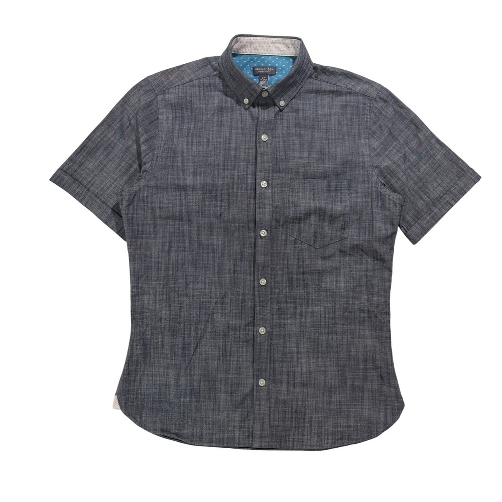 Van Heusen Never Tuck Blue Chambray Button Front Shirt S 14-14.5